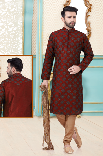 Red designer festive wear dupion silk kurta-pajama