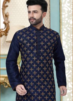 Navy blue designer festive wear dupion silk kurta-pajama 2
