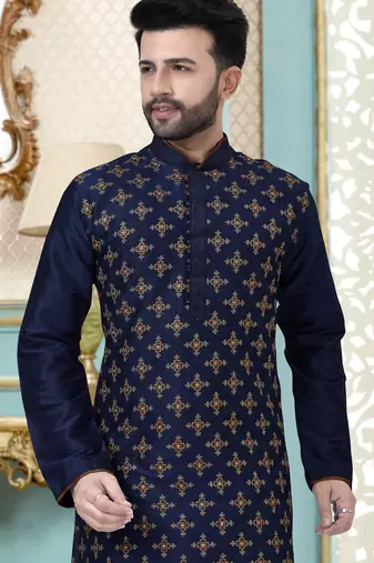 Navy blue designer festive wear dupion silk kurta-pajama