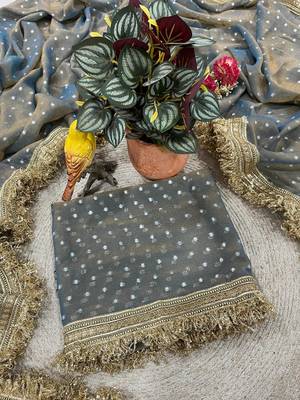 Blue Color Jari Woven Butti Work Moss Silk Saree 1