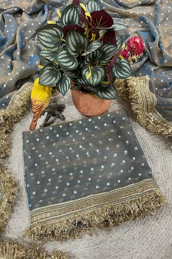 Blue Color Jari Woven Butti Work Moss Silk Saree