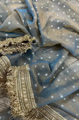 Blue Color Jari Woven Butti Work Moss Silk Saree