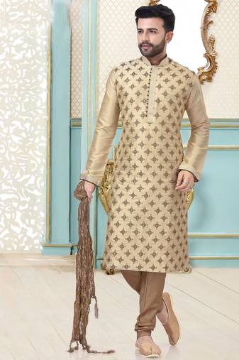 Cream designer festive wear dupion silk kurta-pajama