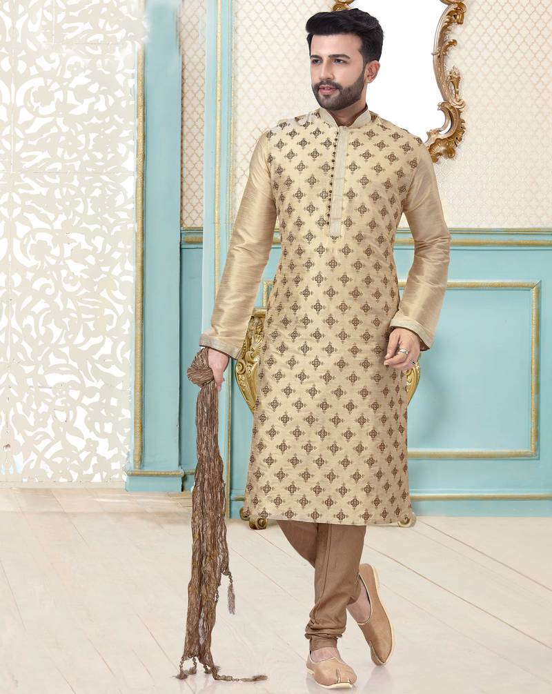 Cream designer festive wear dupion silk kurta-pajama