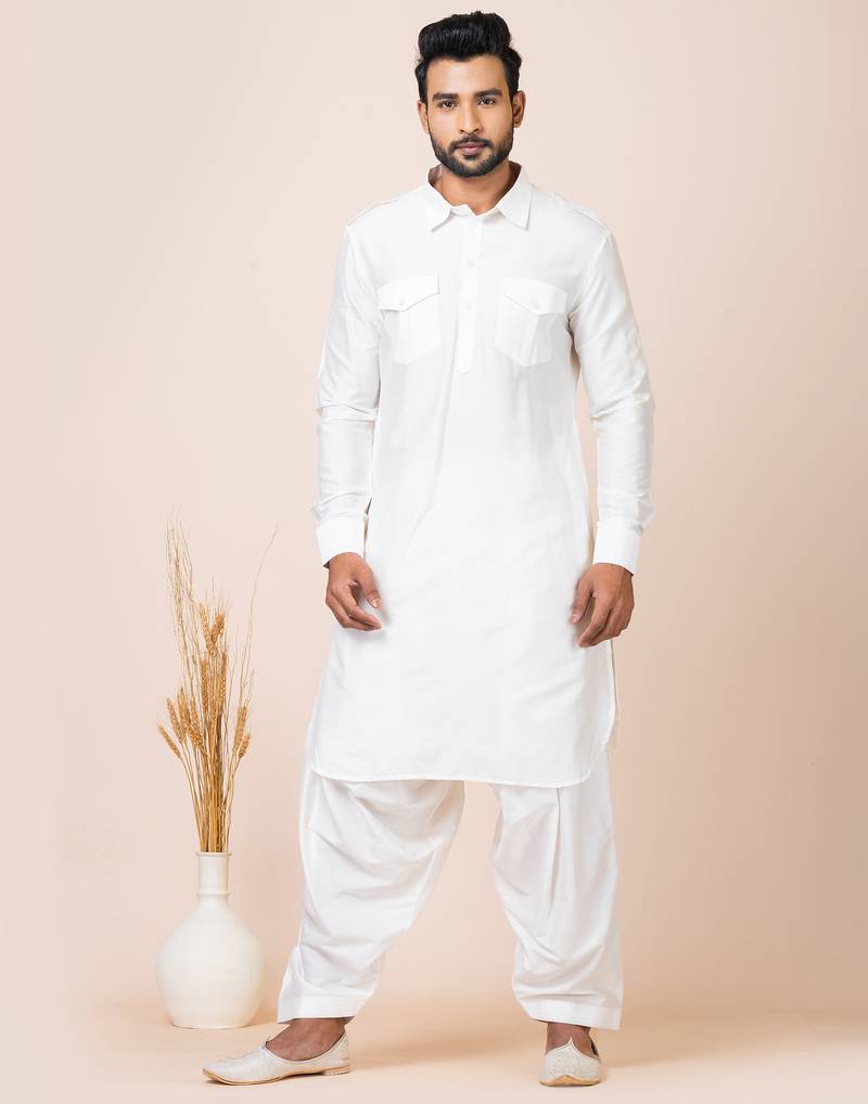 White designer festive wear viscose pathani-suits