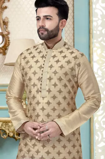 Cream designer festive wear dupion silk kurta-pajama