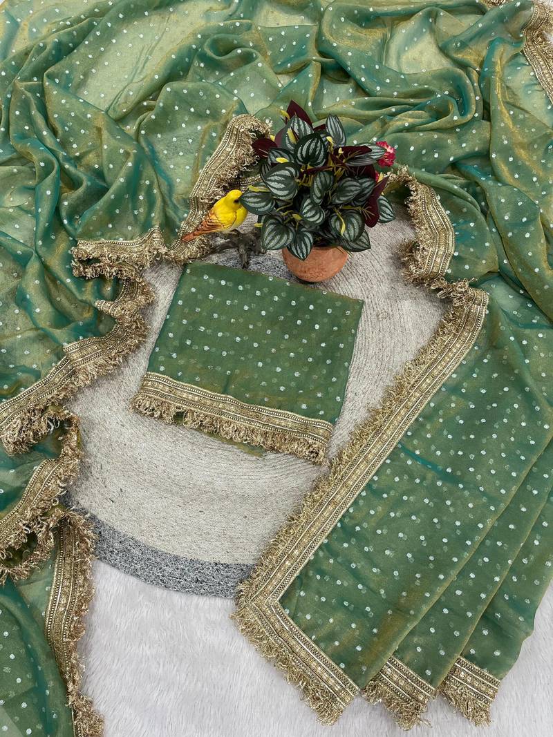 Green Color Jari Woven Butti Work Moss Silk Saree