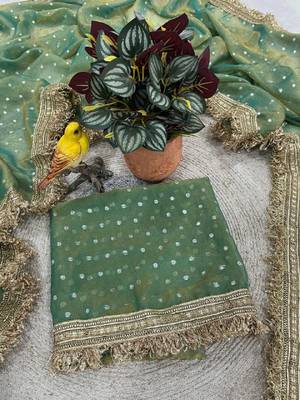 Green Color Jari Woven Butti Work Moss Silk Saree 3