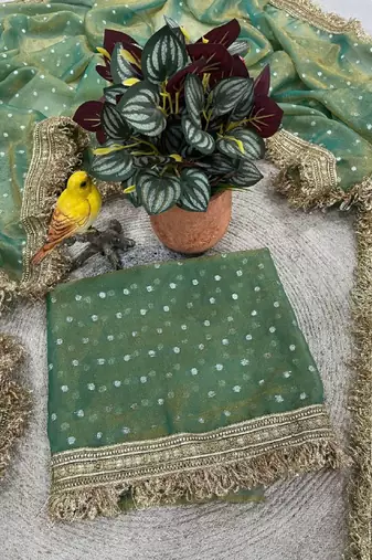 Green Color Jari Woven Butti Work Moss Silk Saree