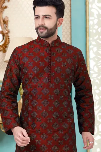 Red designer festive wear dupion silk kurta-pajama