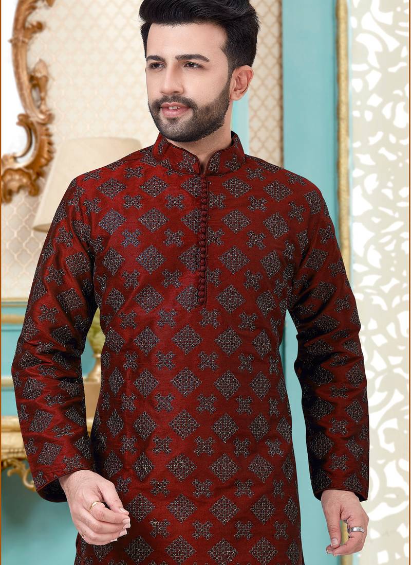 Red designer festive wear dupion silk kurta-pajama