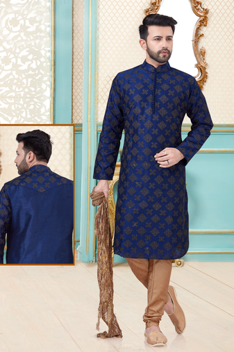 Blue designer festive wear dupion silk kurta-pajama