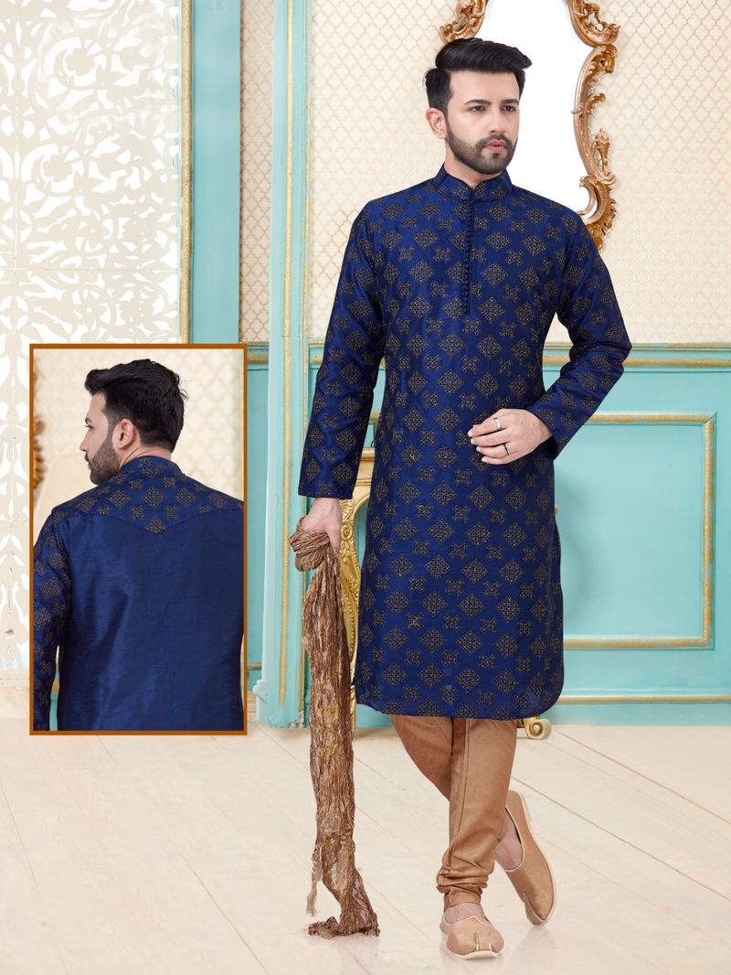 Blue designer festive wear dupion silk kurta-pajama