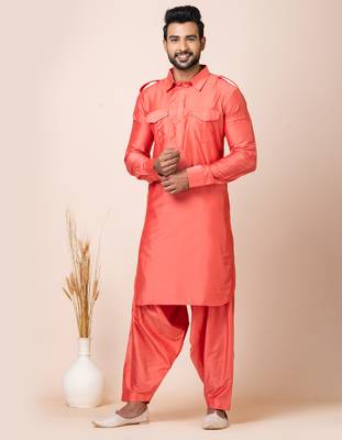 Orange designer festive wear viscose pathani-suits 1