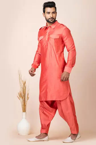Orange designer festive wear viscose pathani-suits