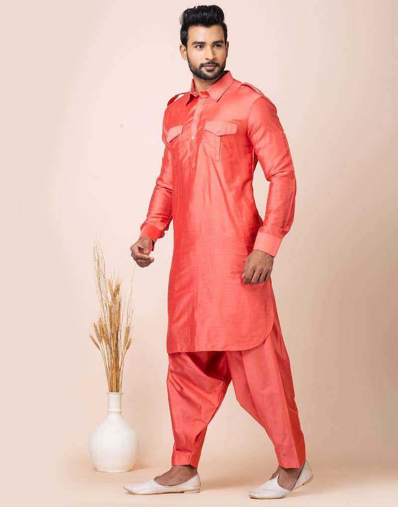 Orange designer festive wear viscose pathani-suits