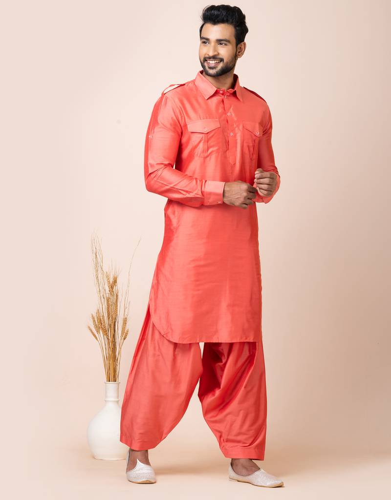 Orange designer festive wear viscose pathani-suits