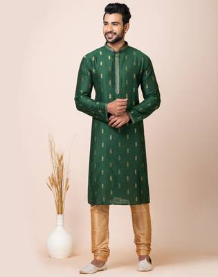 Green designer festive wear cotton silk kurta-pajama 1