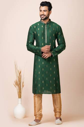 Green designer festive wear cotton silk kurta-pajama
