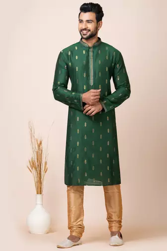 Green designer festive wear cotton silk kurta-pajama