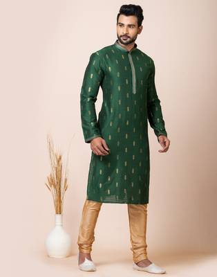 Green designer festive wear cotton silk kurta-pajama 2