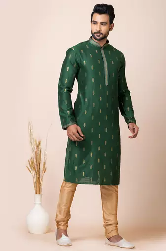Green designer festive wear cotton silk kurta-pajama