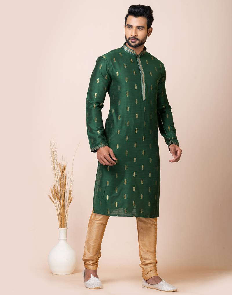 Green designer festive wear cotton silk kurta-pajama