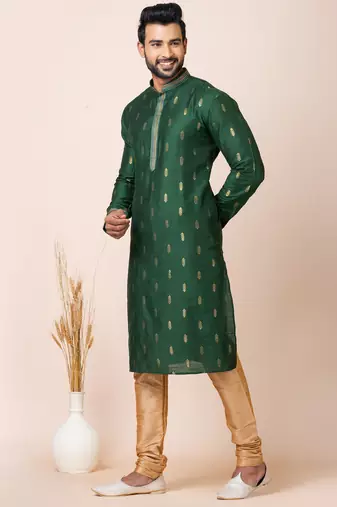 Green designer festive wear cotton silk kurta-pajama