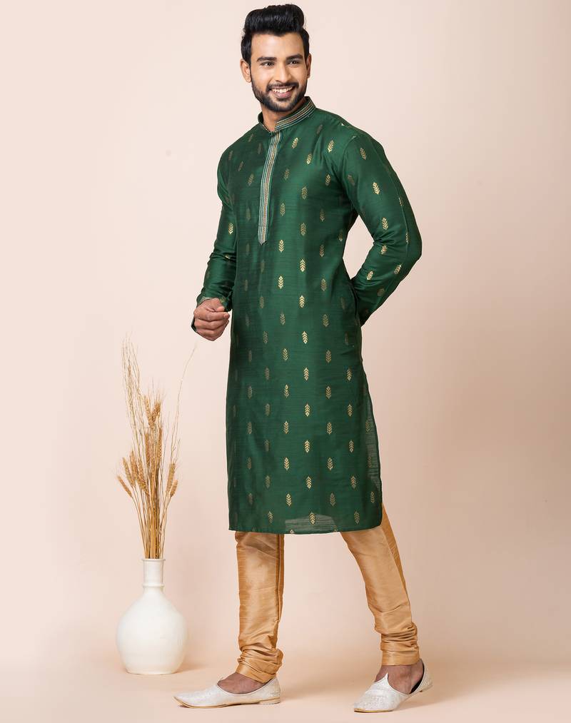 Green designer festive wear cotton silk kurta-pajama