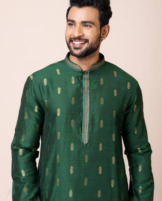 Green designer festive wear cotton silk kurta-pajama 4