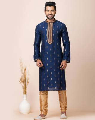 Royal blue designer festive wear cotton silk kurta-pajama 1