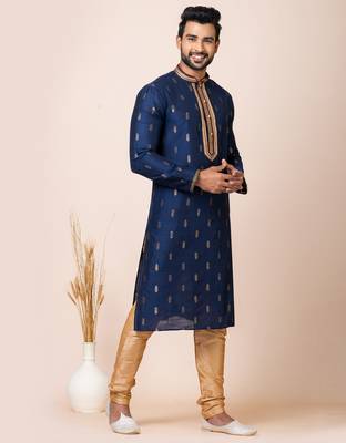 Royal blue designer festive wear cotton silk kurta-pajama 2