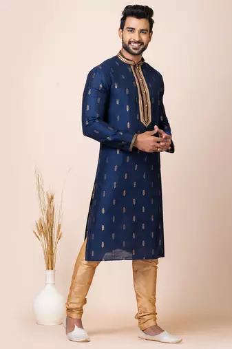 Royal blue designer festive wear cotton silk kurta-pajama
