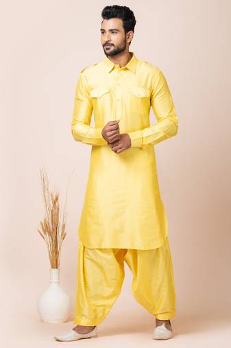 Yellow designer festive wear viscose pathani-suits