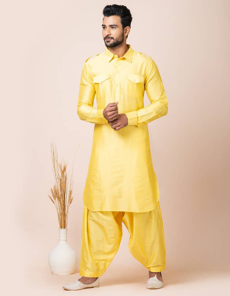 Yellow designer festive wear viscose pathani-suits