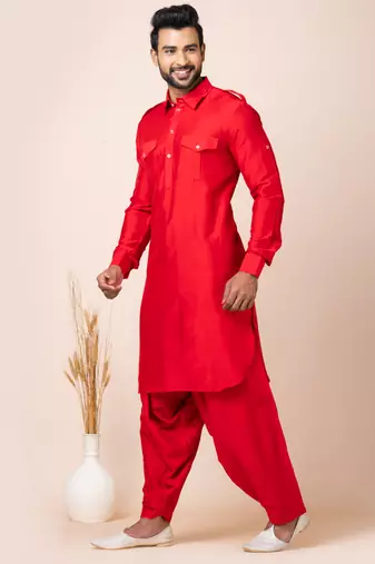 Red designer festive wear viscose pathani-suits