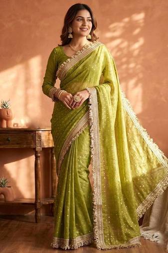 Parrot Green Color Jari Woven Butti Work Moss Silk Saree