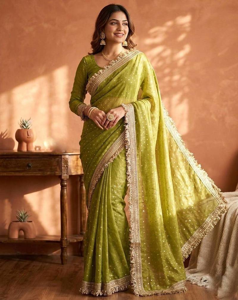 Parrot Green Color Jari Woven Butti Work Moss Silk Saree