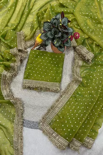 Parrot Green Color Jari Woven Butti Work Moss Silk Saree