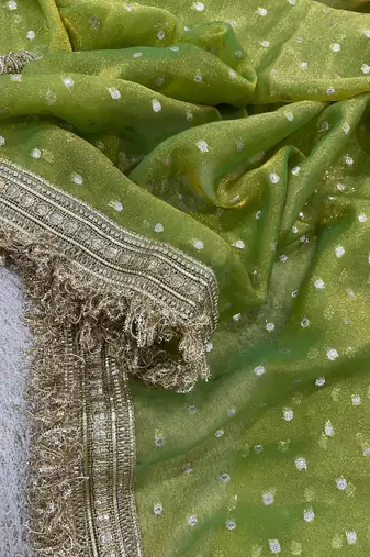 Parrot Green Color Jari Woven Butti Work Moss Silk Saree