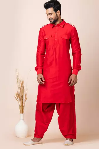 Red designer festive wear viscose pathani-suits