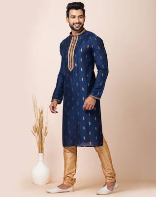Royal blue designer festive wear cotton silk kurta-pajama 3