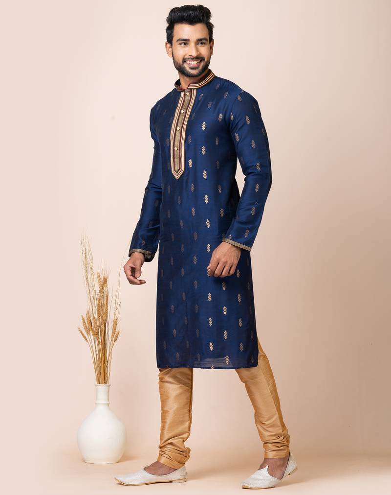Royal blue designer festive wear cotton silk kurta-pajama