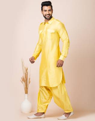 Yellow designer festive wear viscose pathani-suits 2