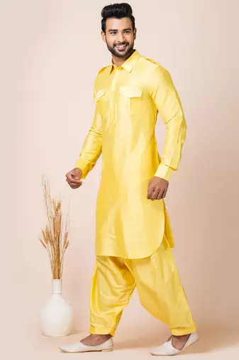 Yellow designer festive wear viscose pathani-suits