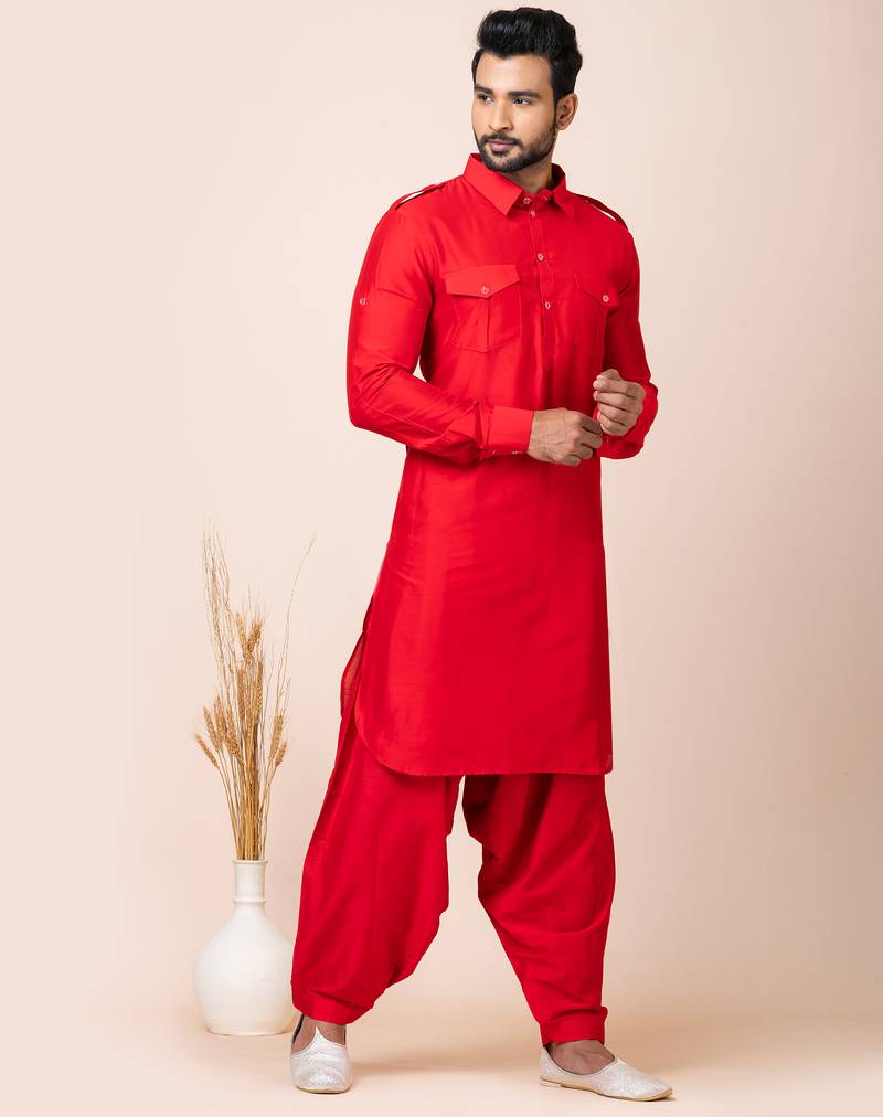 Red designer festive wear viscose pathani-suits