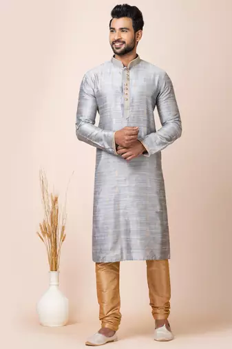 Grey designer festive wear cotton silk kurta-pajama