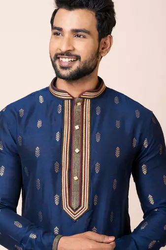 Royal blue designer festive wear cotton silk kurta-pajama