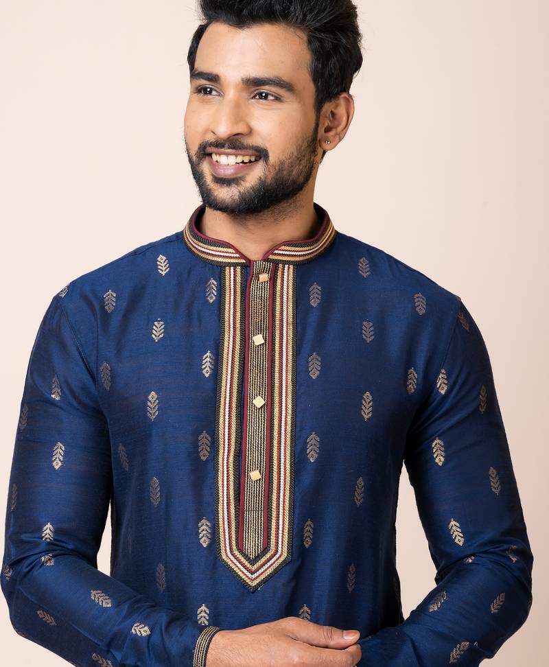 Royal blue designer festive wear cotton silk kurta-pajama
