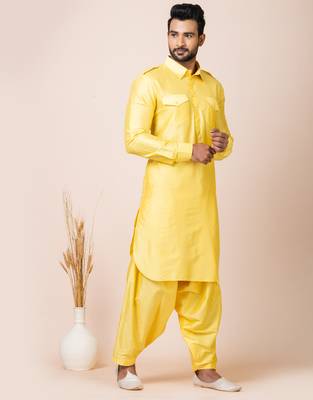 Yellow designer festive wear viscose pathani-suits 3